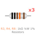 R3, R4, R8: 1kΩ ¼W 1% Resistors